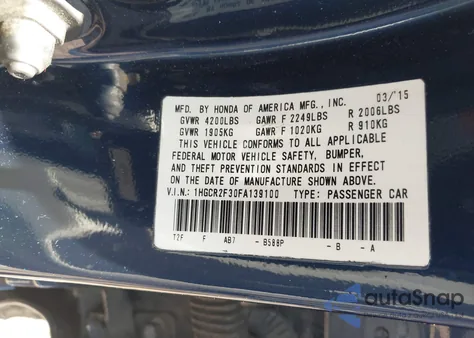 2015 Honda Accord Lx z USA, uszkodzony, nr VIN 1HGCR2F30FA139100